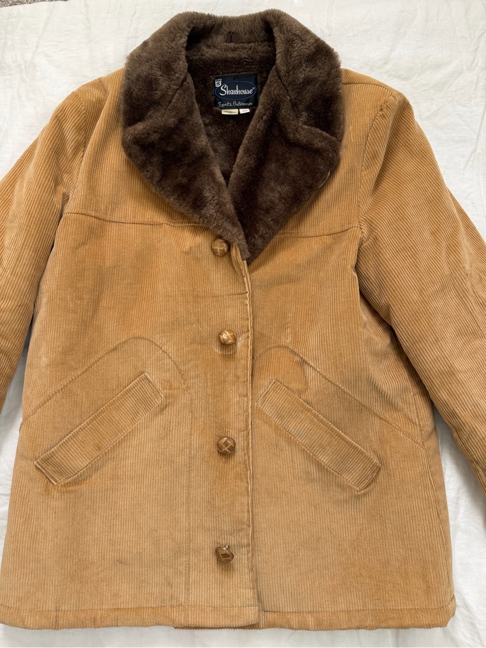 Vintage Shanhouse Corduroy Faux Fur Collar Ranch Coat Beige Brown Men's Size 14
